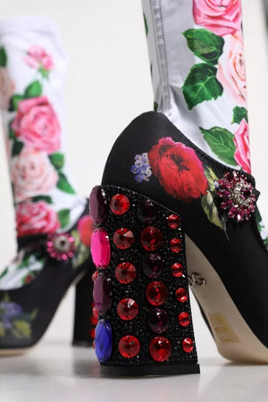 Schwarz Floral Socken Kristall Stiefel Jersey Schuhe