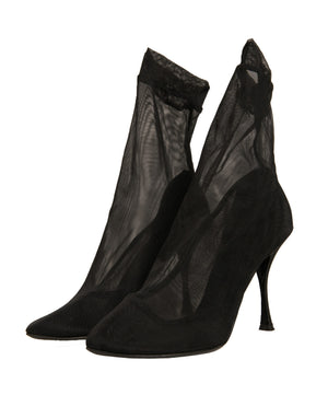Schwarz Seide Mesh Socke Stil Heels Stiefel Schuhe