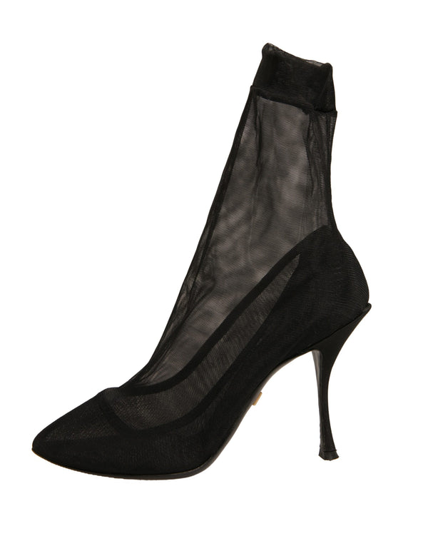 Schwarz Seide Mesh Socke Stil Heels Stiefel Schuhe