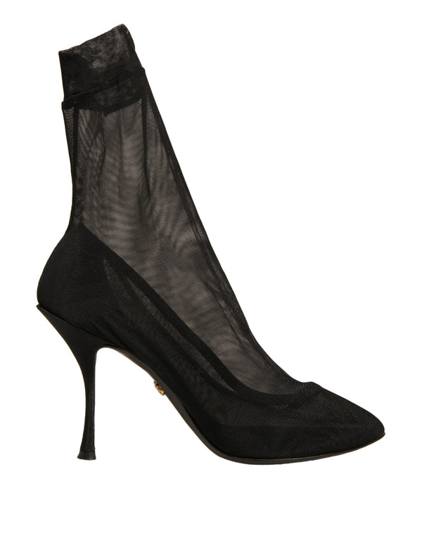 Schwarz Seide Mesh Socke Stil Heels Stiefel Schuhe