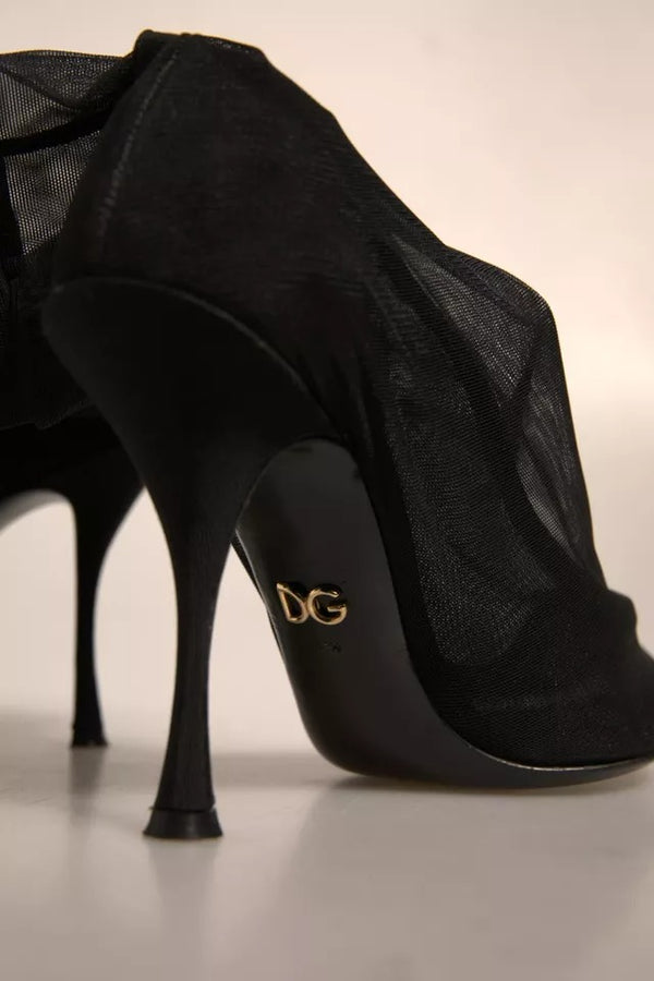 Schwarz Seide Mesh Socke Stil Heels Stiefel Schuhe