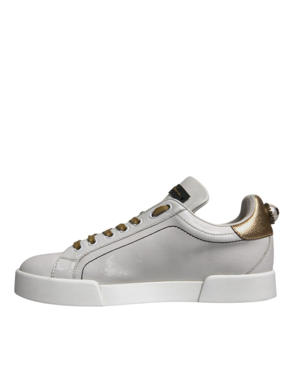 Weiß Gold Leder Low Top Sneakers Schuhe