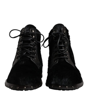 Schwarze Pony Style Leder Mid Calf Stiefel Schuhe