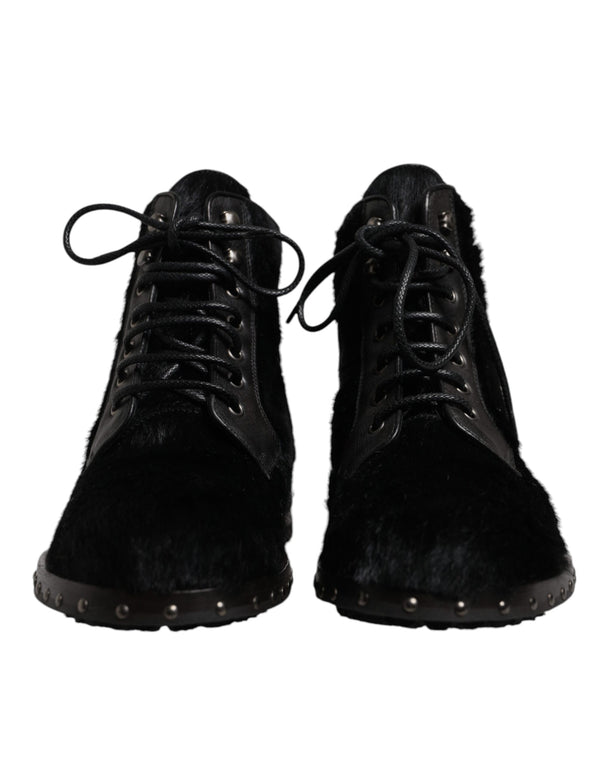 Schwarze Pony Style Leder Mid Calf Stiefel Schuhe