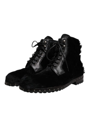 Schwarze Pony Style Leder Mid Calf Stiefel Schuhe
