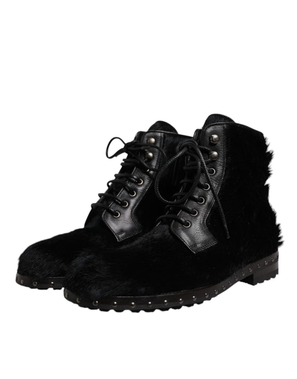 Schwarze Pony Style Leder Mid Calf Stiefel Schuhe