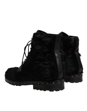 Schwarze Pony Style Leder Mid Calf Stiefel Schuhe