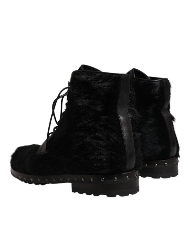 Schwarze Pony Style Leder Mid Calf Stiefel Schuhe