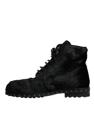 Schwarze Pony Style Leder Mid Calf Stiefel Schuhe