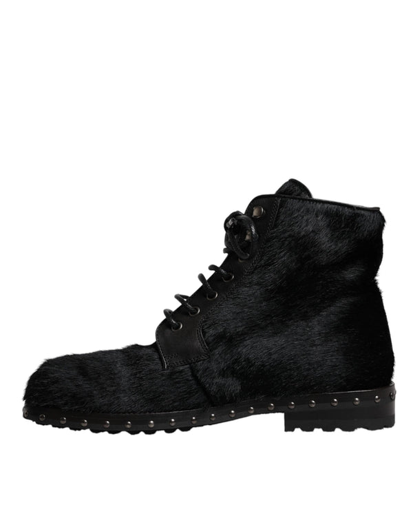 Schwarze Pony Style Leder Mid Calf Stiefel Schuhe