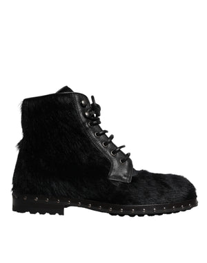 Schwarze Pony Style Leder Mid Calf Stiefel Schuhe