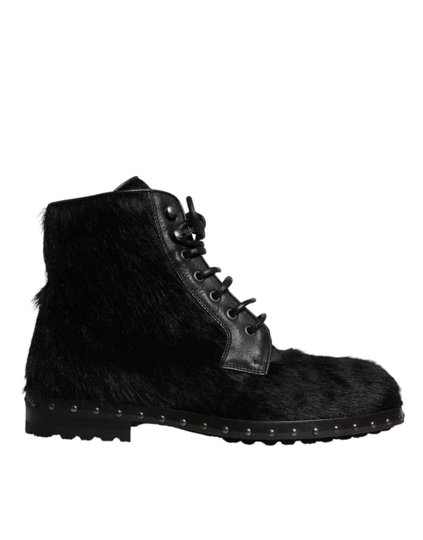 Schwarze Pony Style Leder Mid Calf Stiefel Schuhe