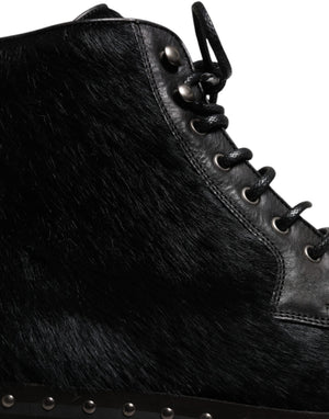 Schwarze Pony Style Leder Mid Calf Stiefel Schuhe