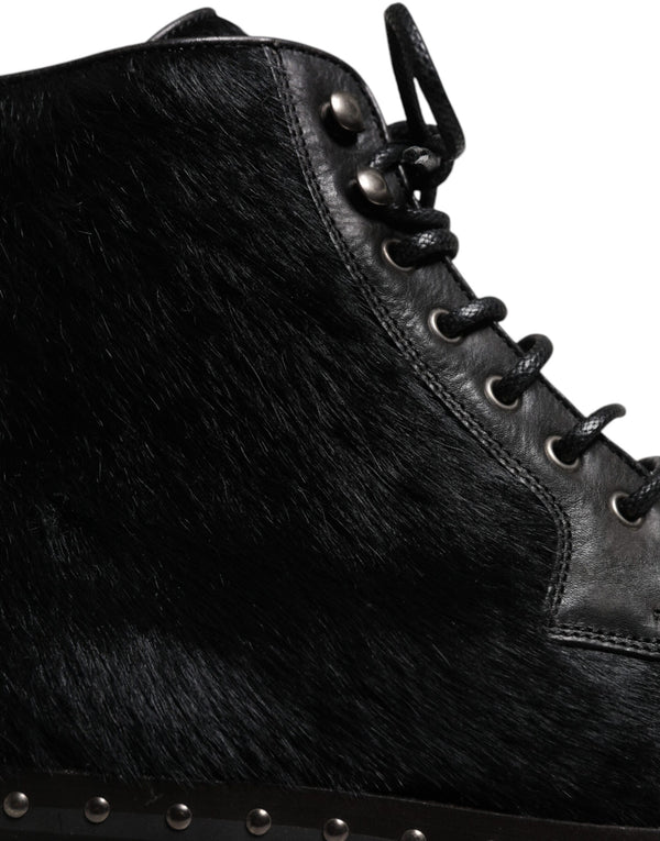 Schwarze Pony Style Leder Mid Calf Stiefel Schuhe