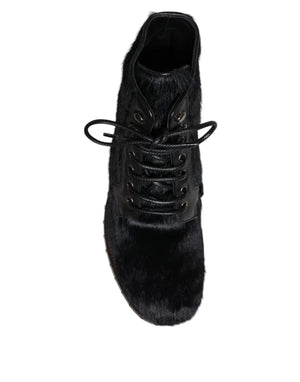 Schwarze Pony Style Leder Mid Calf Stiefel Schuhe