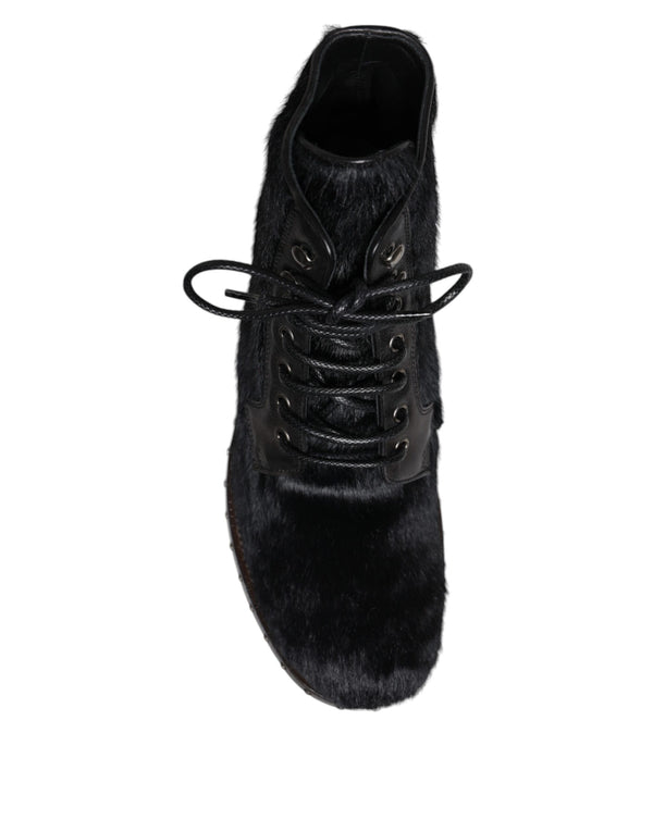 Schwarze Pony Style Leder Mid Calf Stiefel Schuhe