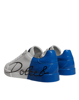Weiß Blau Leder Logo Low Top Sneakers Schuhe