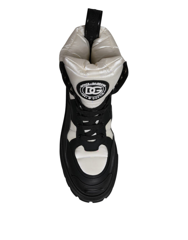 Schwarz Weiß Gepolsterte Mid Calf Lace Up Stiefel Schuhe