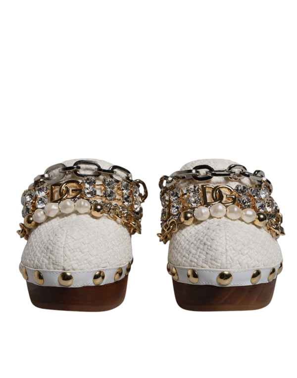 Weiß Raffia Clogs Bejeweled Kette Sandalen Schuhe