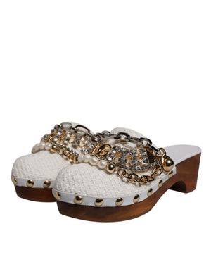 Weiß Raffia Clogs Bejeweled Kette Sandalen Schuhe