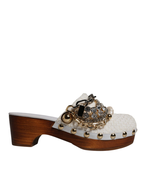 Weiß Raffia Clogs Bejeweled Kette Sandalen Schuhe