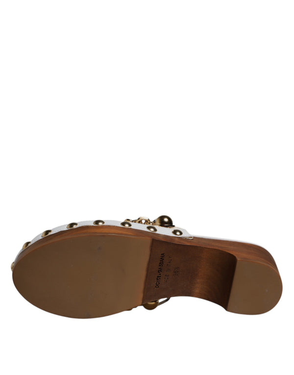 Weiß Raffia Clogs Bejeweled Kette Sandalen Schuhe