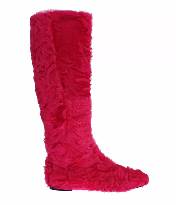 Rosa Lammfell Leder Flache Stiefel Schuhe