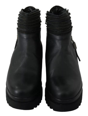 Schwarz Leder Reißverschluss Stiefeletten Schuhe