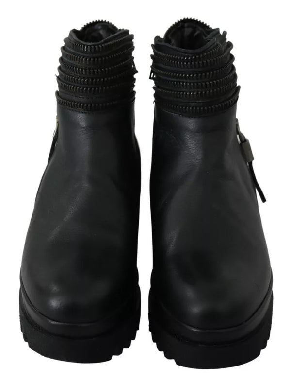Schwarz Leder Reißverschluss Stiefeletten Schuhe