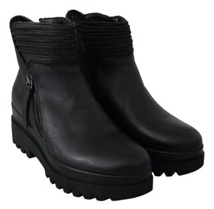 Schwarz Leder Reißverschluss Stiefeletten Schuhe