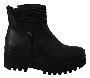 Schwarz Leder Reißverschluss Stiefeletten Schuhe