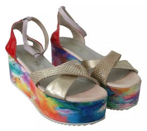 Multicolor Leder Knöchelriemen Keilabsatz Sandalen Schuhe