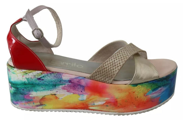 Multicolor Leder Knöchelriemen Keilabsatz Sandalen Schuhe