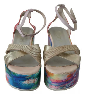 Multicolor Leder Knöchelriemen Keilabsatz Sandalen Schuhe