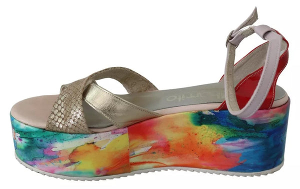 Multicolor Leder Knöchelriemen Keilabsatz Sandalen Schuhe