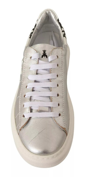 Silberne Vollnarbenleder Schnürsneakers Schuhe