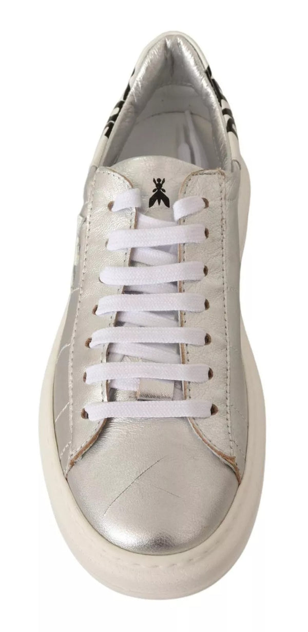 Silberne Vollnarbenleder Schnürsneakers Schuhe