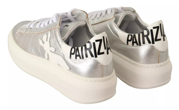 Silberne Vollnarbenleder Schnürsneakers Schuhe