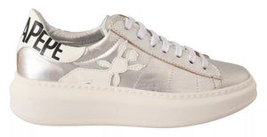 Silberne Vollnarbenleder Schnürsneakers Schuhe