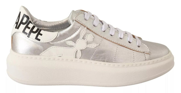 Silberne Vollnarbenleder Schnürsneakers Schuhe