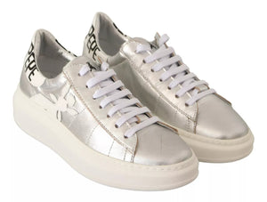 Silberne Vollnarbenleder Schnürsneakers Schuhe