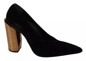 Schwarz Leder Wildleder Blockabsatz Pumps Schuhe