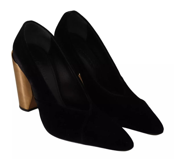 Schwarz Leder Wildleder Blockabsatz Pumps Schuhe