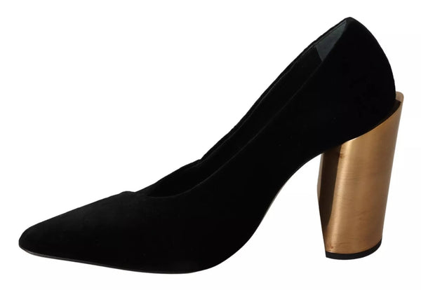 Schwarz Leder Wildleder Blockabsatz Pumps Schuhe