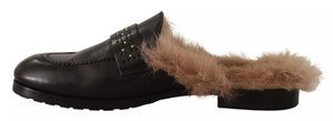 Schwarzes Leder Pelz Perforiert Slip On Flats Schuhe