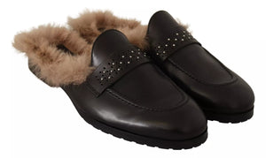 Schwarzes Leder Pelz Perforiert Slip On Flats Schuhe