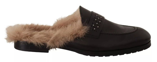 Schwarzes Leder Pelz Perforiert Slip On Flats Schuhe