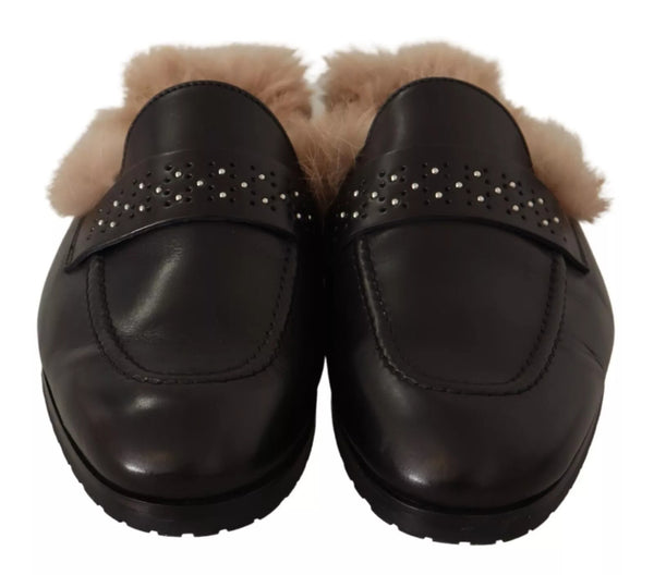 Schwarzes Leder Pelz Perforiert Slip On Flats Schuhe