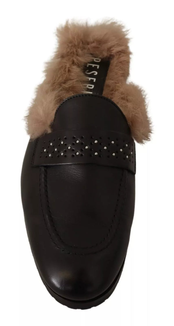 Schwarzes Leder Pelz Perforiert Slip On Flats Schuhe