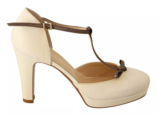 Beige T-Strap Block Heels Pumps Leder Schuhe